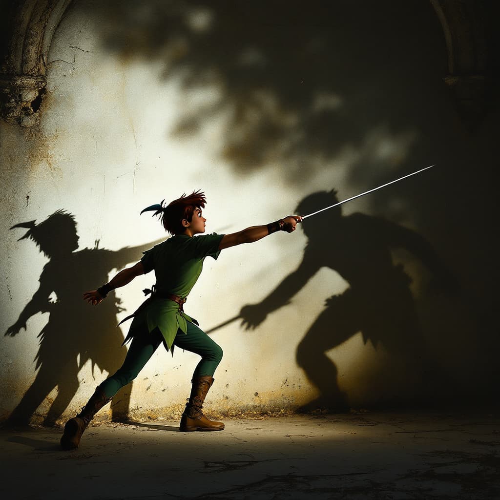 AI generated: realistic photo peter pan is fencing with his shadow against the wall
