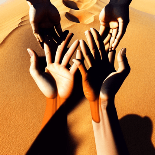 AI generated: Close up image of two empty cupped european hands. The hands are casting a shadow on dry orange wind...