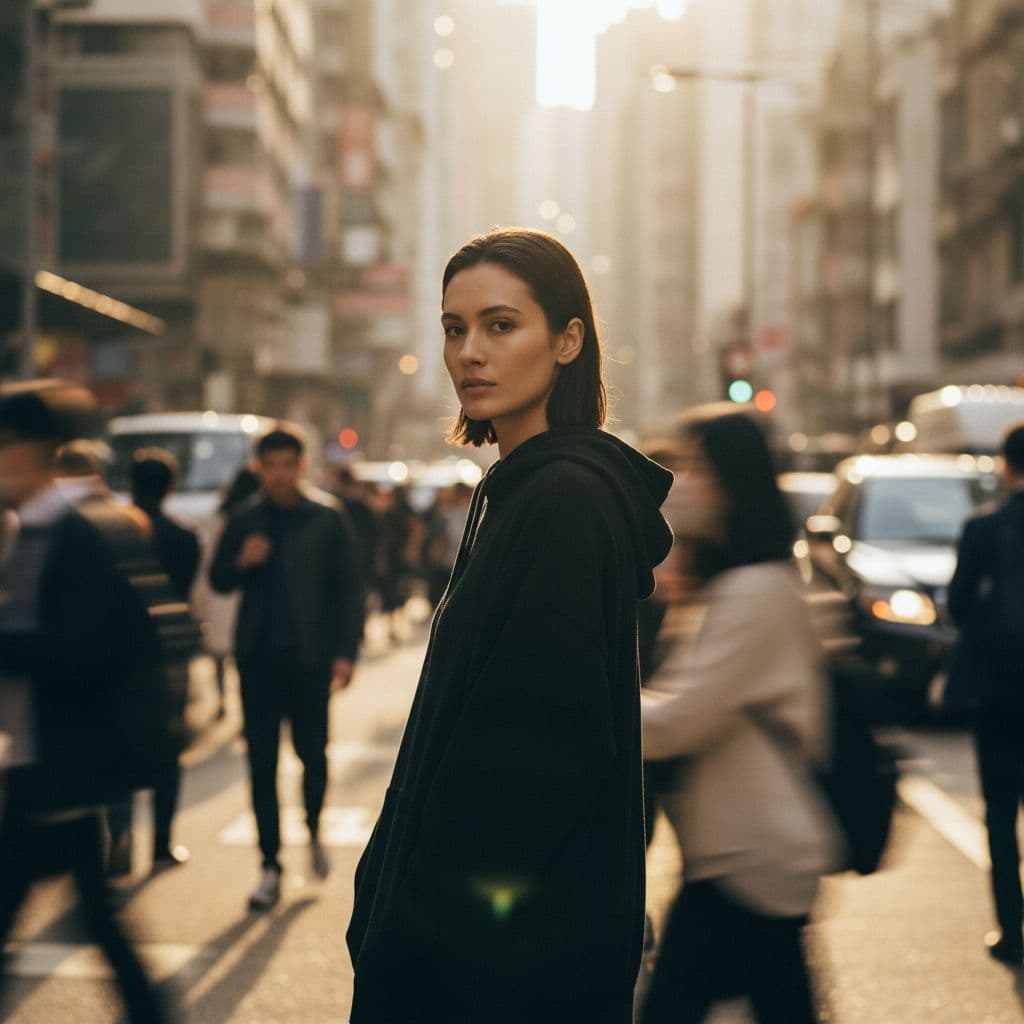 AI generated: photography, candid shot, far range angle, capturing the urban vibe, single focused professional fem...