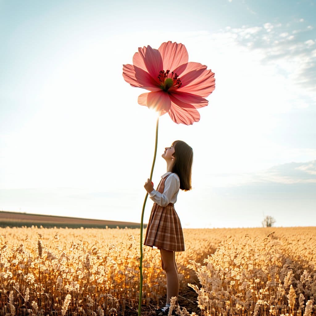 AI generated: A girl holding a huge flower, micro art, girl standing in the autumn field basking in the sun, autum...