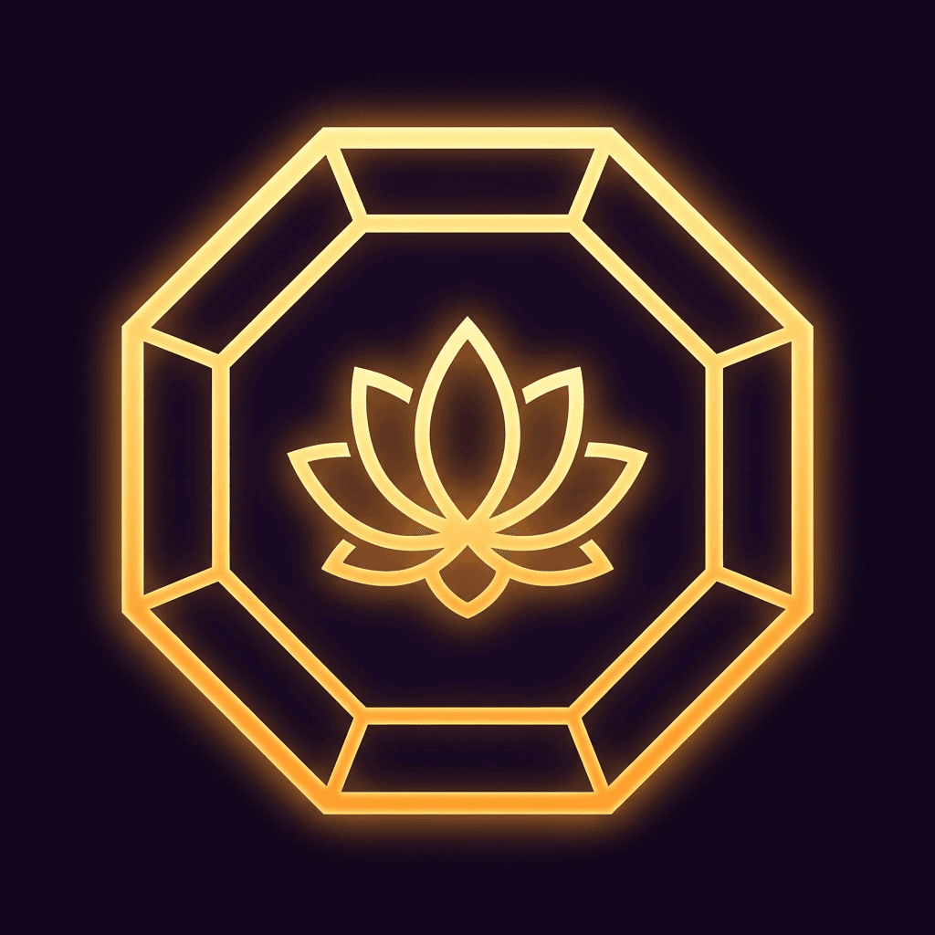 AI generated: glowing geometric octagon icon, golden #FFB845 dominant color, dark purple background, 
lotus flower...