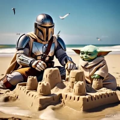 AI generated video: Mandolorian playing with grogu on the beach.
