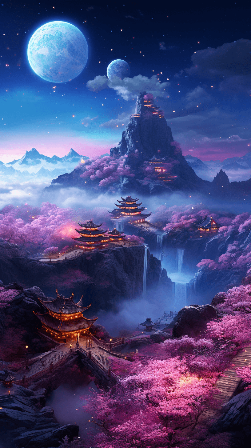 AI generated: This is a surreal and complex cg rendering at night, the light pink sky covers the great falls on th...