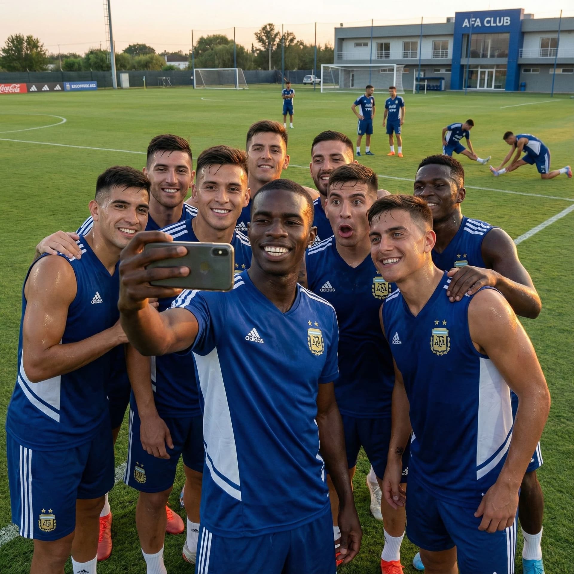 AI generated: Create the image, me on the AFA club football field in training gear taking the photo after training...