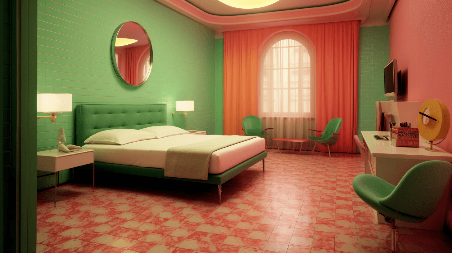 AI generated: Retro hotel with a nostalgic design, cozy vintage ambiance, and brick facade, inspired by Kenzo Tang...