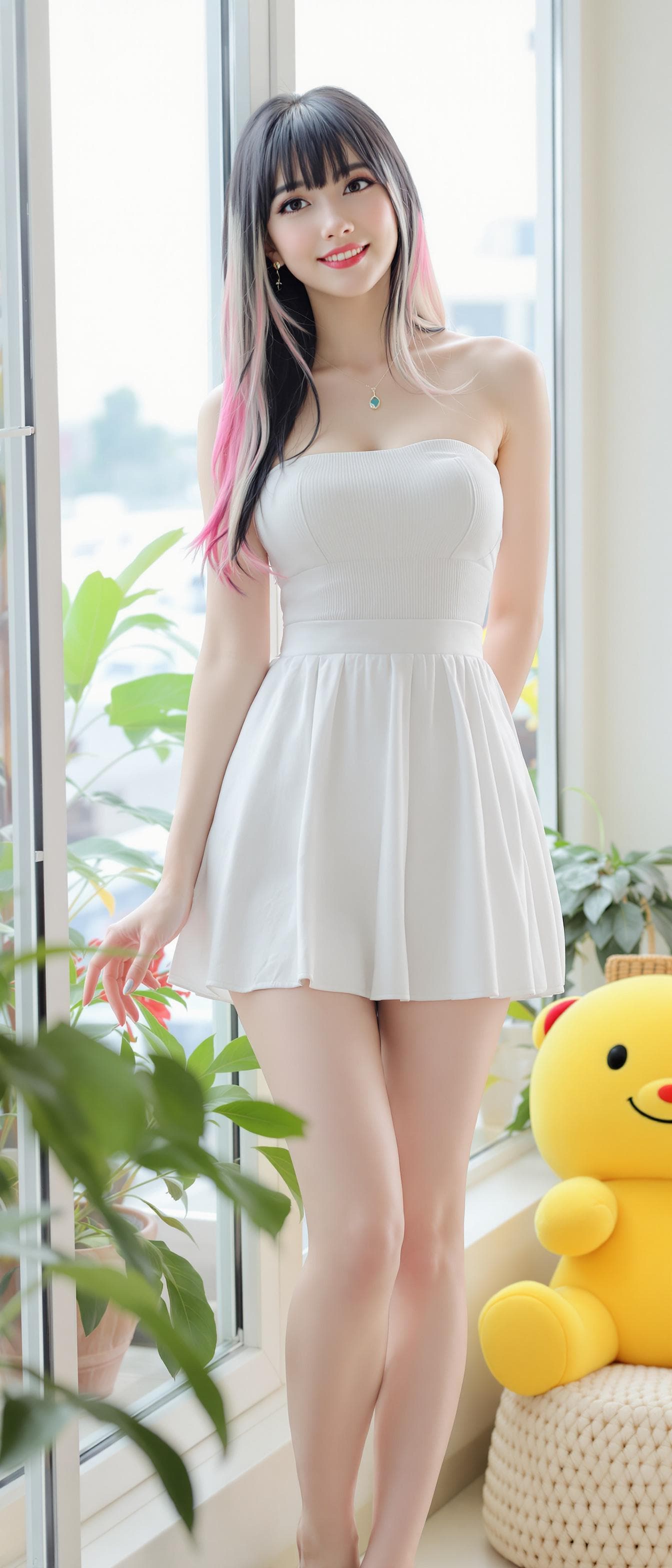 AI generated: a woman Koren girl , Koren ulzzang face, standing near the window, black hair, multi color hair, ban...