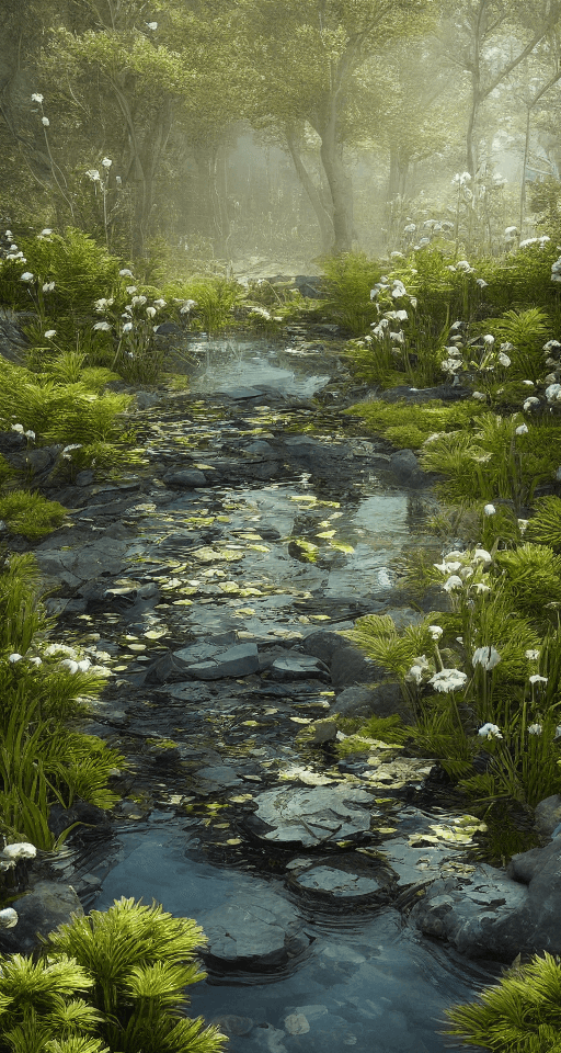 AI generated: Forest flower crystal::4 emitting glitter garden landscape with pool of clear water and „black gold ...