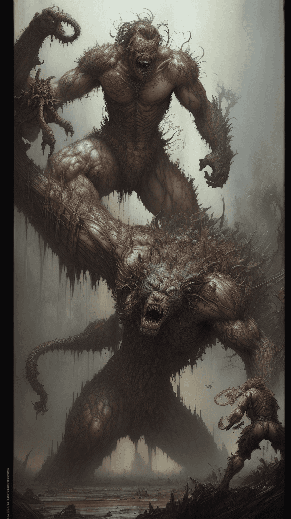 AI generated: in a complex background, chaotic Beavis fighting against a ancient giant monster, Intricate Grudge, ...