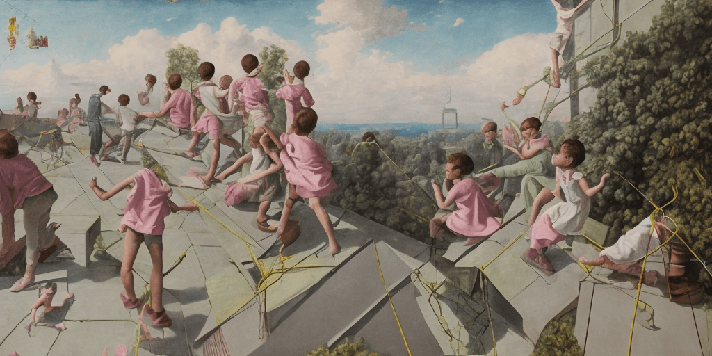 AI generated: children playing on rooftop, neo rauch, painting with incomparable reality, intricate details