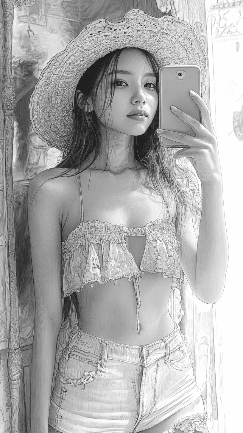 AI generated: pencil sketch drawing in the style of Odilon Redon, petite Asian woman in a sundress, taking a selfi...
