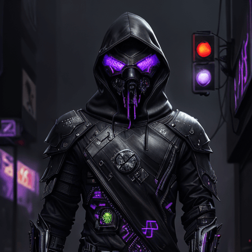 AI generated: cyberpunk, masked man, dark   torn hood, Purple accents, dark and rainy foggy night, intricate dark ...
