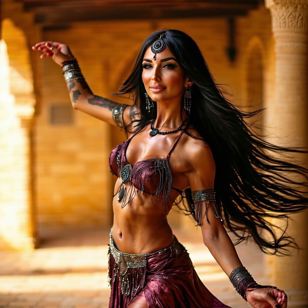 AI generated: "A stunning Arabic woman performing a mesmerizing belly dance, her long black hair flowing gracefull...