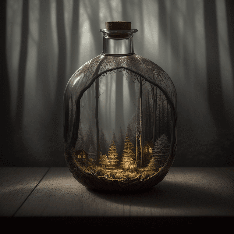 AI generated: RAW studio photo of (An intricate forest minitown landscape trapped in a bottle), atmospheric oliva ...
