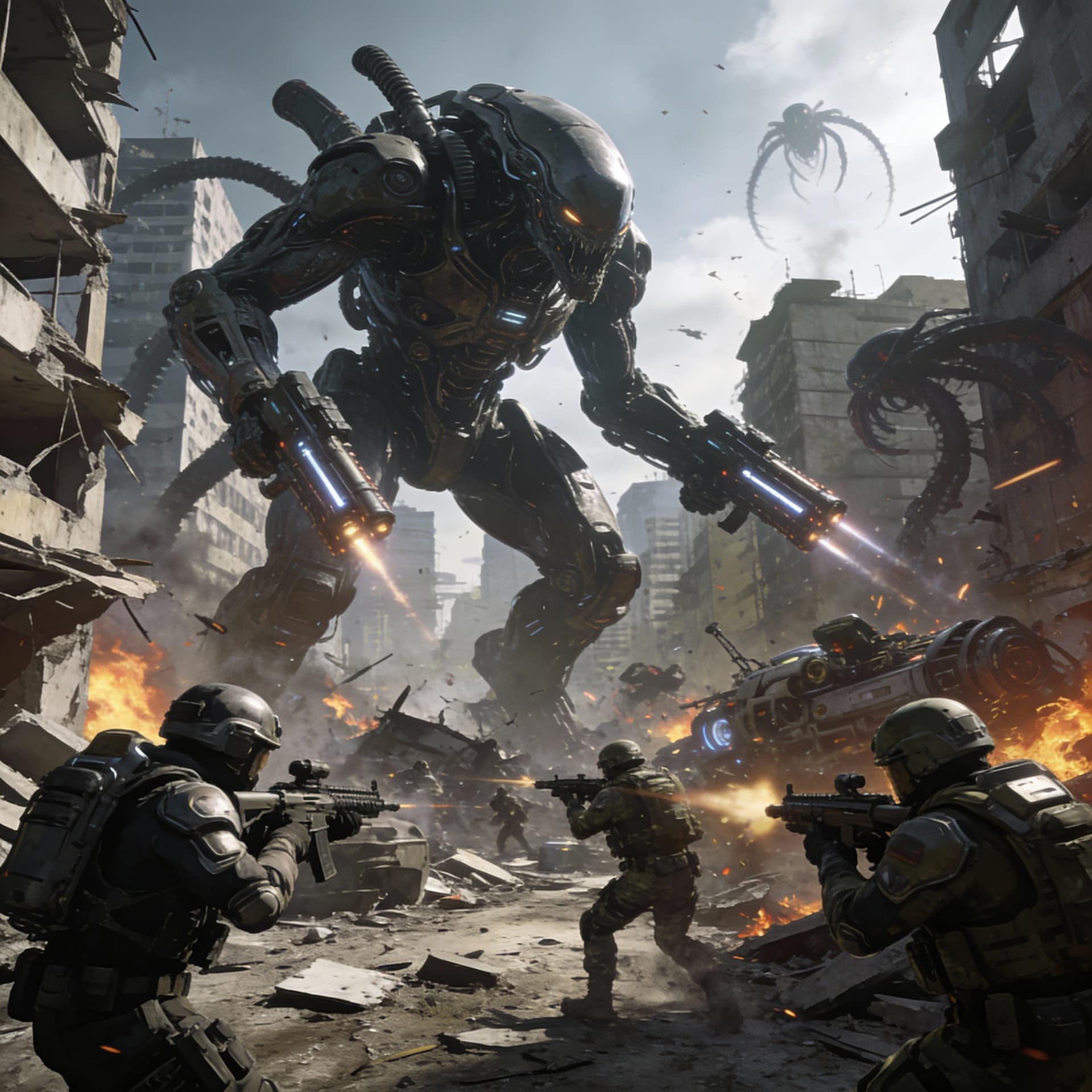 AI generated: A dynamic scene capturing the intensity of 21st-century humanity's military forces engaged in a desp...
