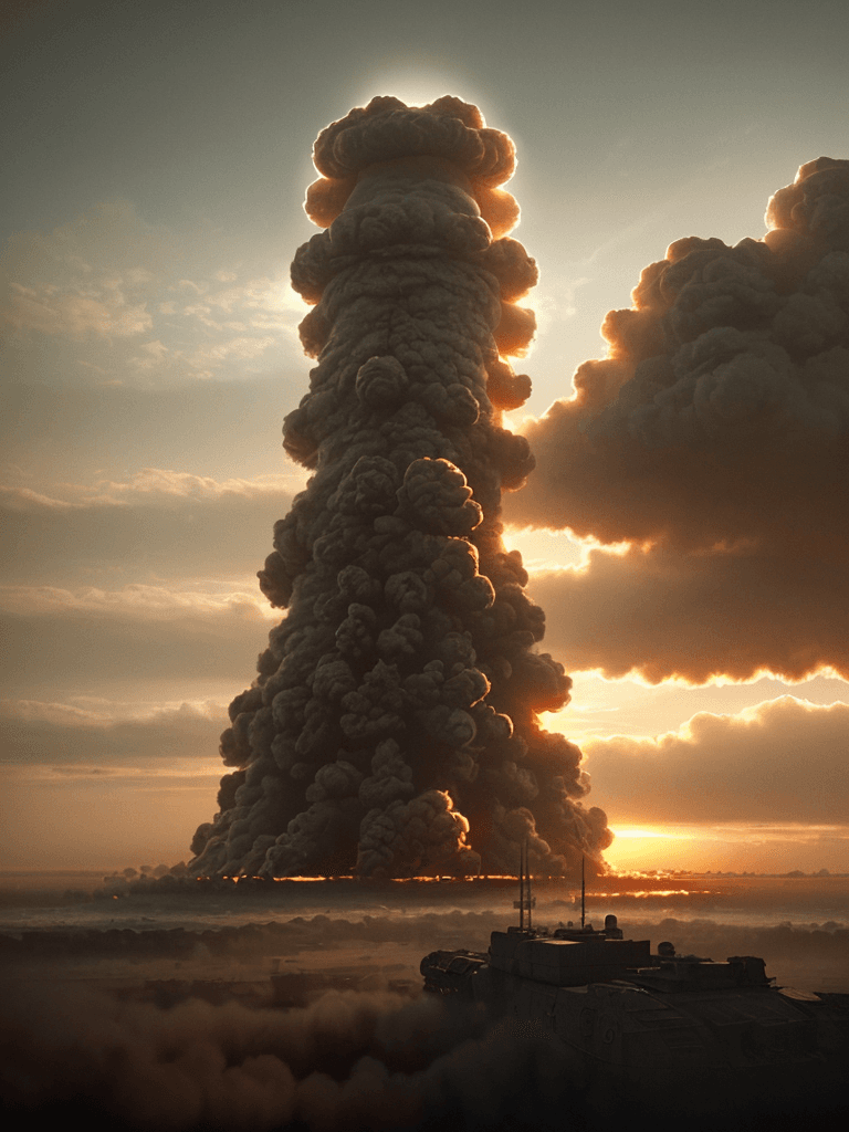 AI generated: Photo of a ultra realistic nuclear war , dramatic light, pale sunrise, cinematic lighting, battered,...