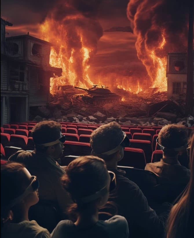AI generated: Theatre, war, explosions, people in 3d glasses, by annie leibovitz