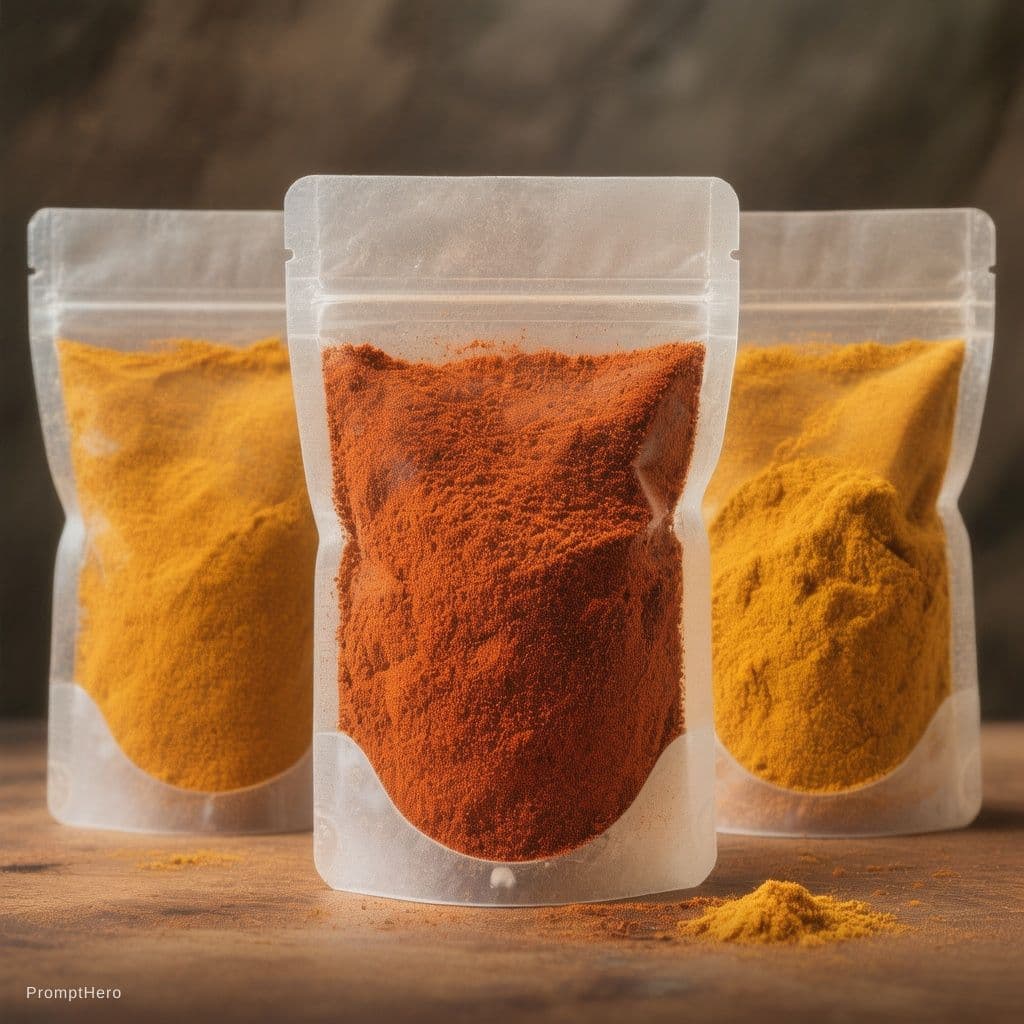 AI generated: create some pictures for my brand[Bundeli Swad] packaging one for red chili powder ,one for turmeric...