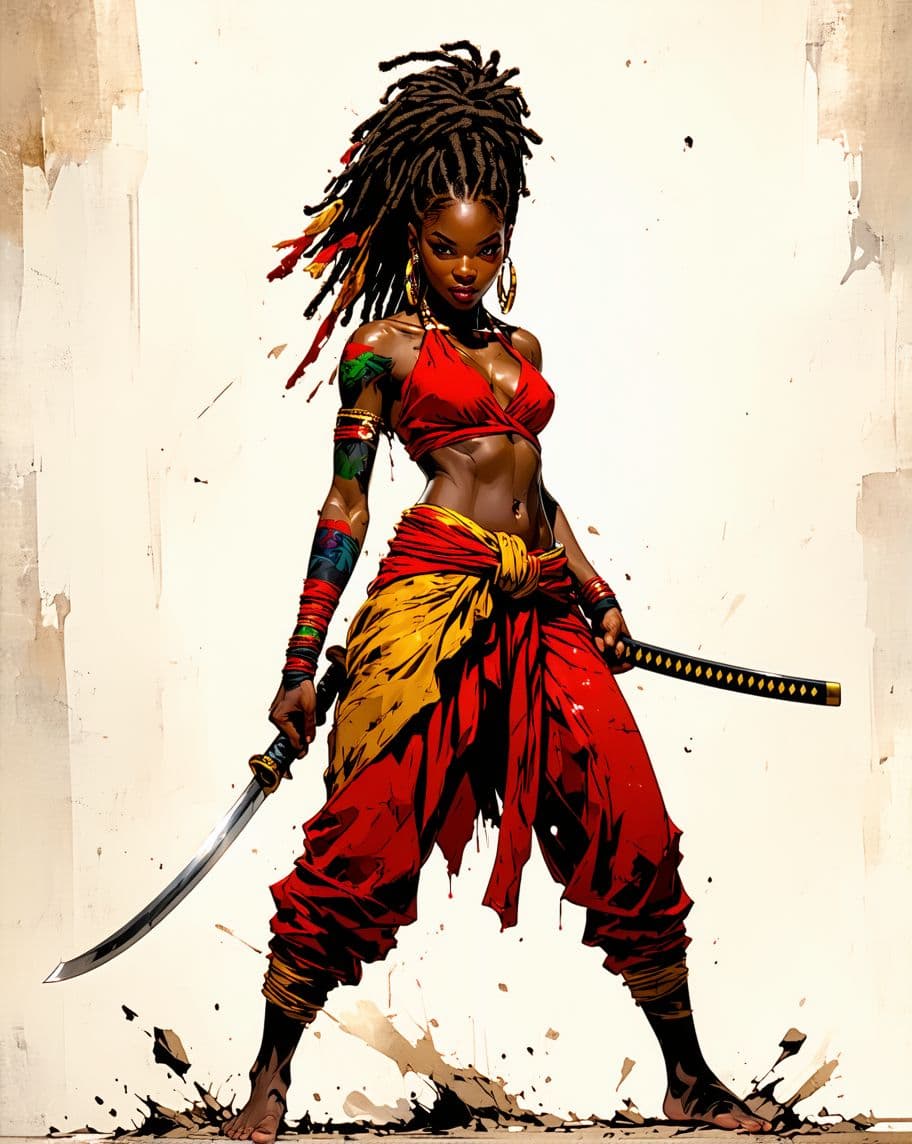 AI generated: 
Comic book cover illustration, full body shot of young beautiful African American woman, top model...