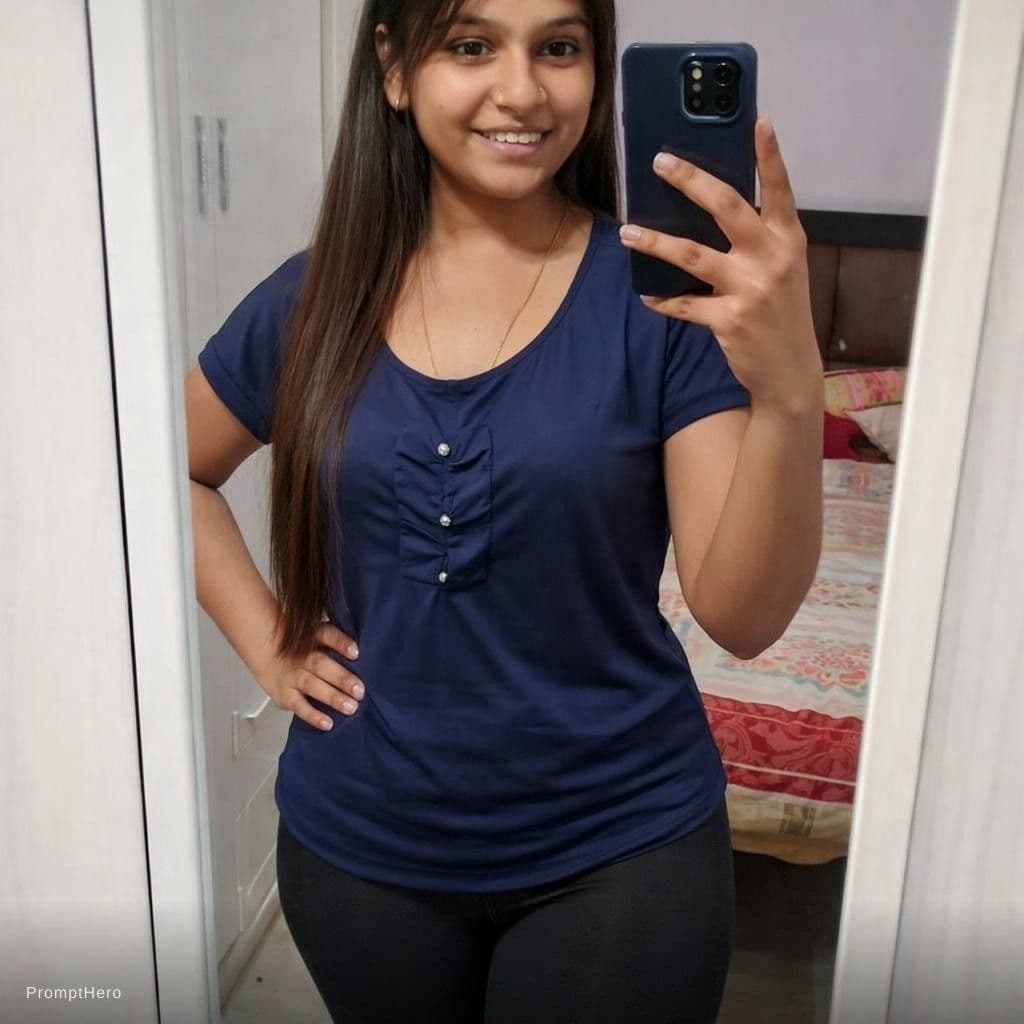 AI generated: the girl takes a photo with her phone of herself in the mirror, she has 24 years old, has straight b...