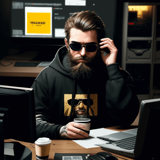 AI generated: hacker, darkroom, coder, computer, man, medium beard, cool, grunge, (typing), ultra detailed face, (...