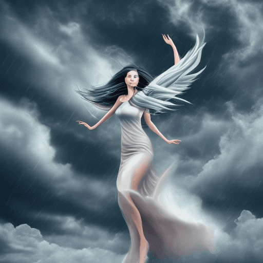 AI generated: A woman with flowing hair and a determined expression soars gracefully through a stormy sky, her win...