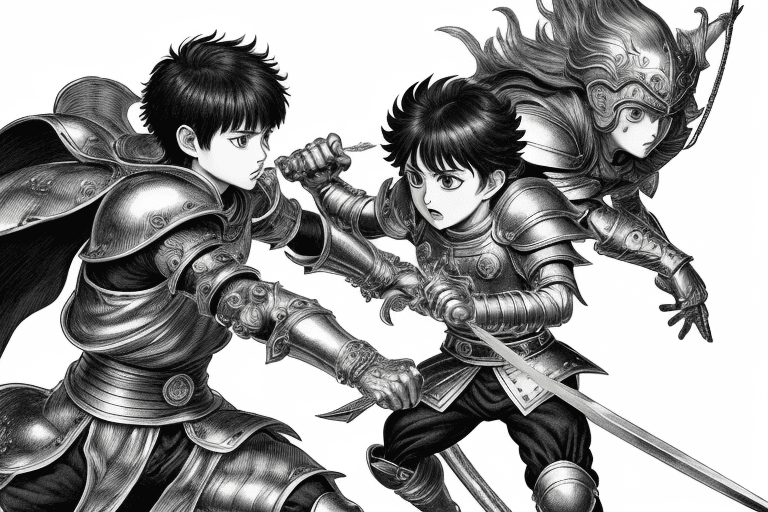 AI generated: monochrome, a little boy, brown hair with tuft, in golden armor, manga, ((without helmet)), in a fig...