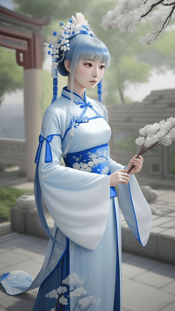 AI generated: A woman in a blue and white dress with flowers in her hair, hanfu, palace, girl in hanfu, blue hanfu...