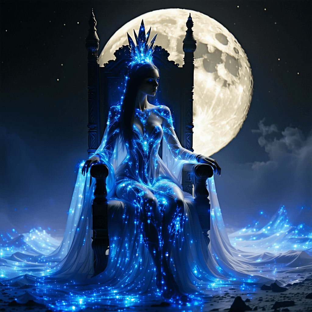 AI generated: A regal celestial queen, her form seeming to be crafted from light itself and her hair flowing like ...