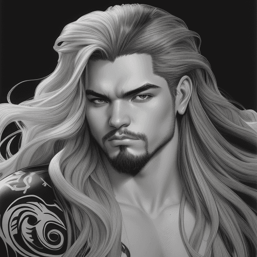 AI generated: black and white illustration in the form of a man with flowing hair, in the style of martine johanna...