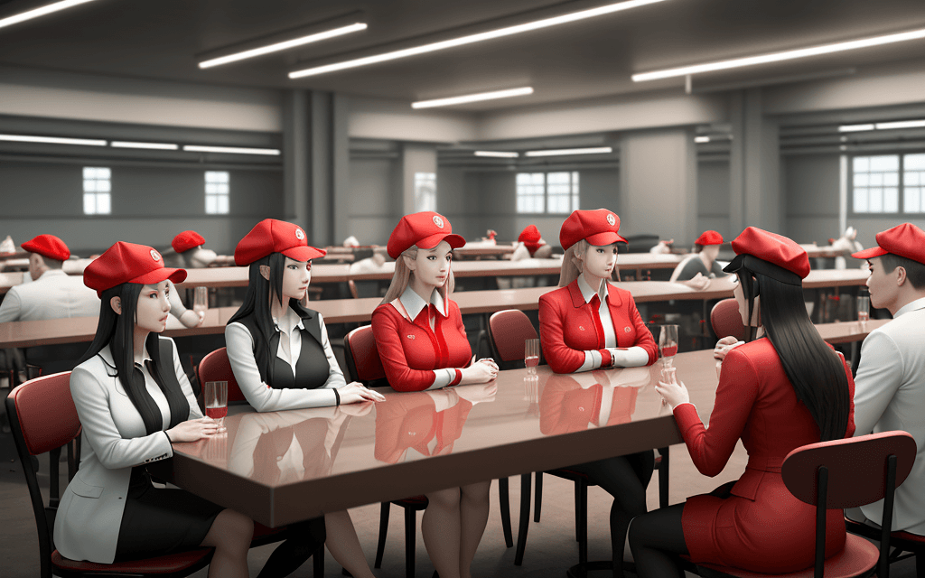AI generated: a group of people sitting at long tables in a room, introduction factory photo, detailed characters,...