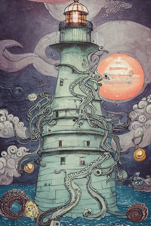 AI generated: A giant octopus with big eyes holds a lighthouse in its tentacles painted by victo ngai, alexander j...