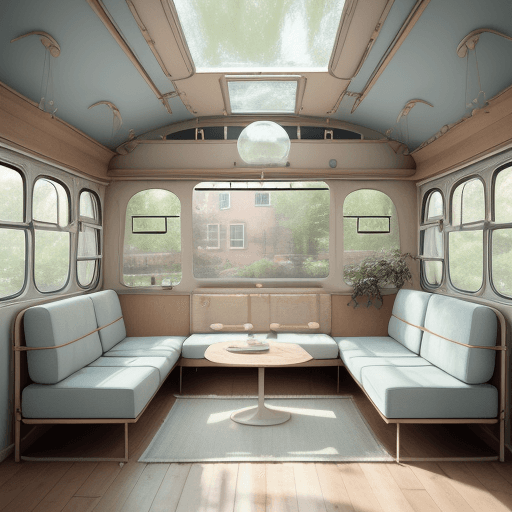 AI generated: High resolution photography interior design, bus , 
dreamy sunken living room conversation pit, wood...