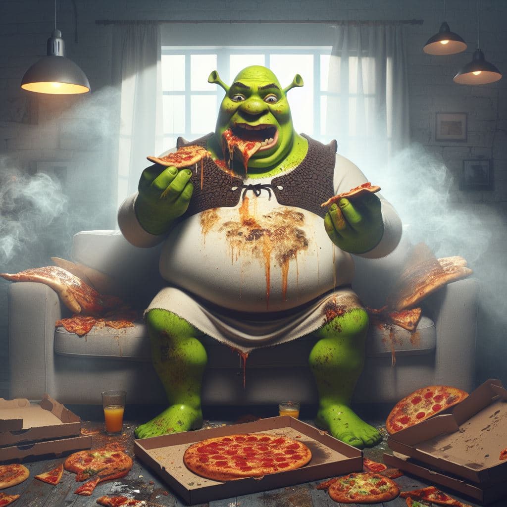 AI generated: Shrek is obese throwing pizzas in his face on the sofa in his dirty living room, party, lights, smok...