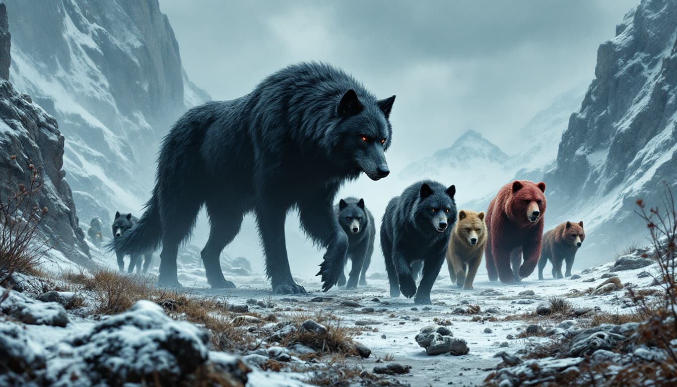 AI generated: A giant black wolf walks, followed by five wolves of different colors, black and brown, and a reddis...