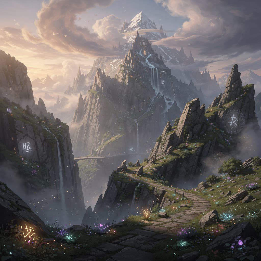 AI generated: genera una imagen de una montaña estilo fantasía como en un videojuego y que la cámara sea a mitad d...