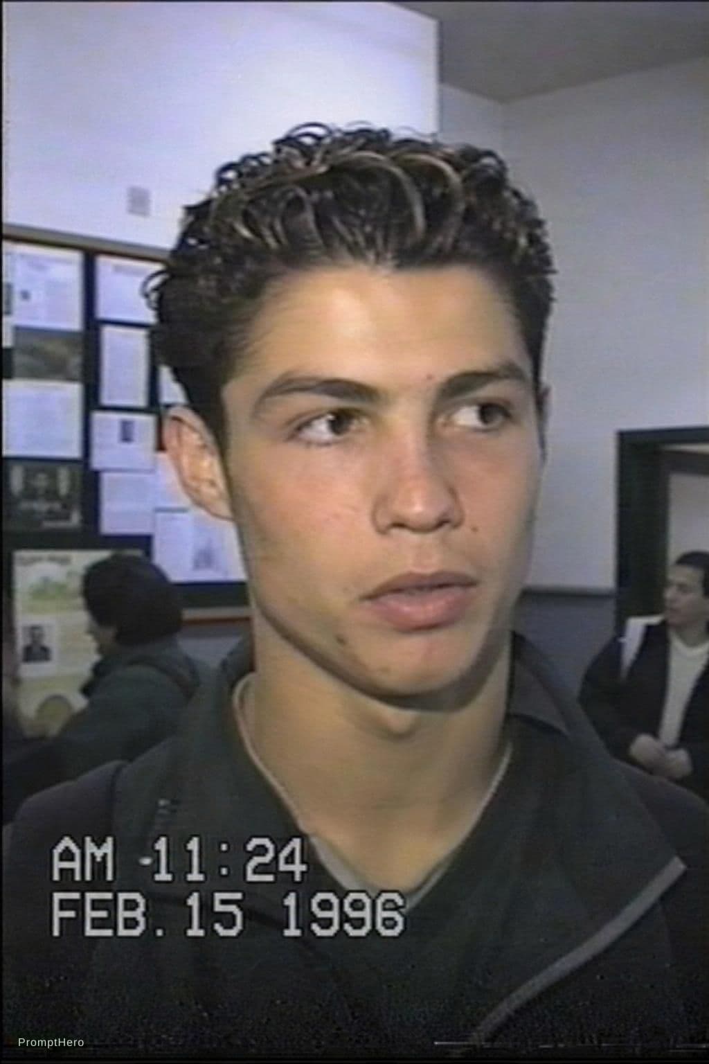AI generated: Image of Cristiano Ronaldo from a VHS camcorder recorder in a highschool in Feb of 1996. Same grain ...