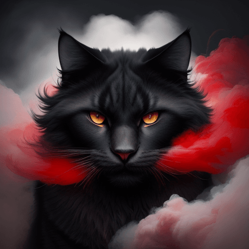 AI generated: portrait of a large cat covered in cloud of smoke, whirlwind, red highlight colors, black fur, majes...