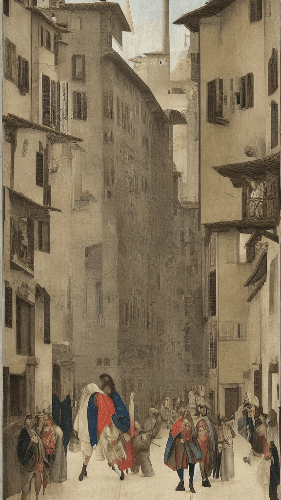 AI generated: A long-hair man is walking in the street of Florence in 1503, a bird is flying, mas is looking at bi...