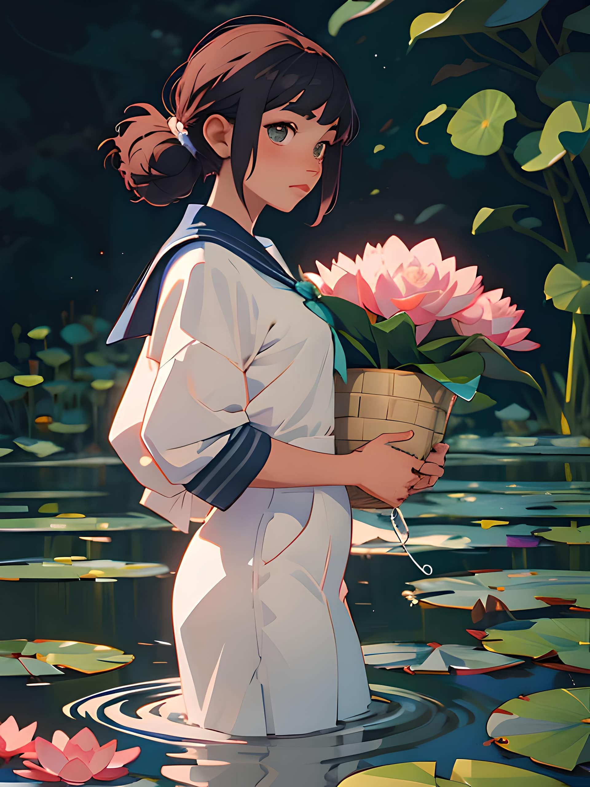 AI generated: a woman standing in the water with a basket of flowers, an anime drawing, trending on pixiv, waterli...