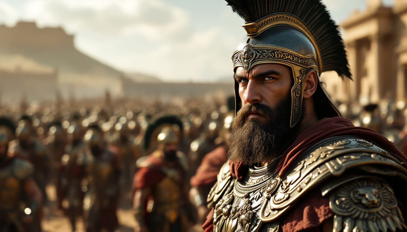 AI generated: Wide shot of Alexander’s army advancing, Ariobarzan’s Achaemenid silhouette in the foreground.
Ariob...