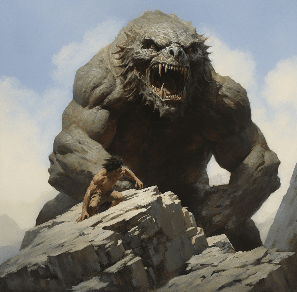 AI generated: A giant stone monster creature sits on top of boulders, screaming at an adventurer with black hair a...