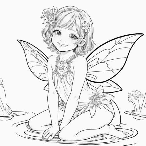 AI generated: Fairy coloring page, a little fairy girl, with smiling eyes, sweet smile, short hair, playing in the...