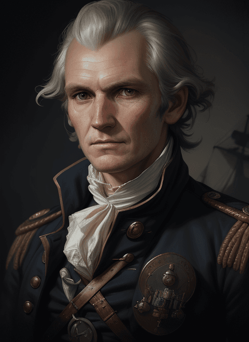 AI generated: portrait of a rugged 18th century Naval captain James Cook   in a HMS naval uniform jacket, victoria...