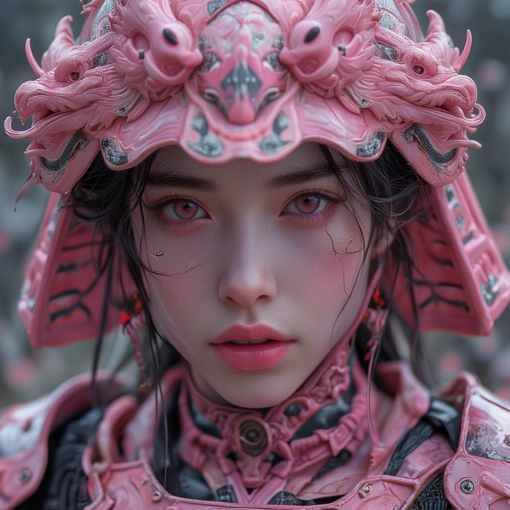 AI generated: 3d render, a women wearing pink samurai armours, close-up shot.
