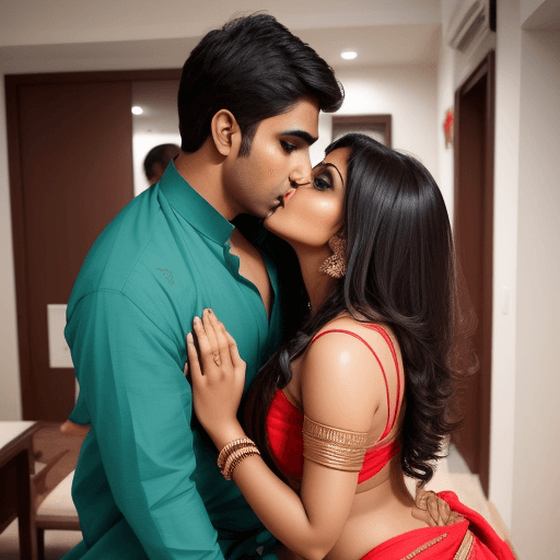 AI generated: Photo of a hot Indian girl, saree, kissing, men