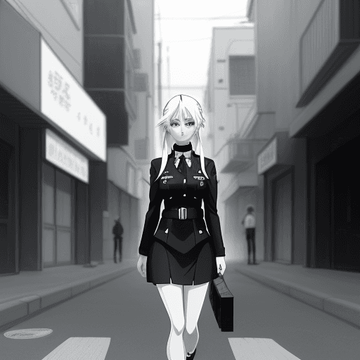 AI generated: no color, perfect anime illustration, portrait of a police girl walking in city, {{{{{{black and whi...