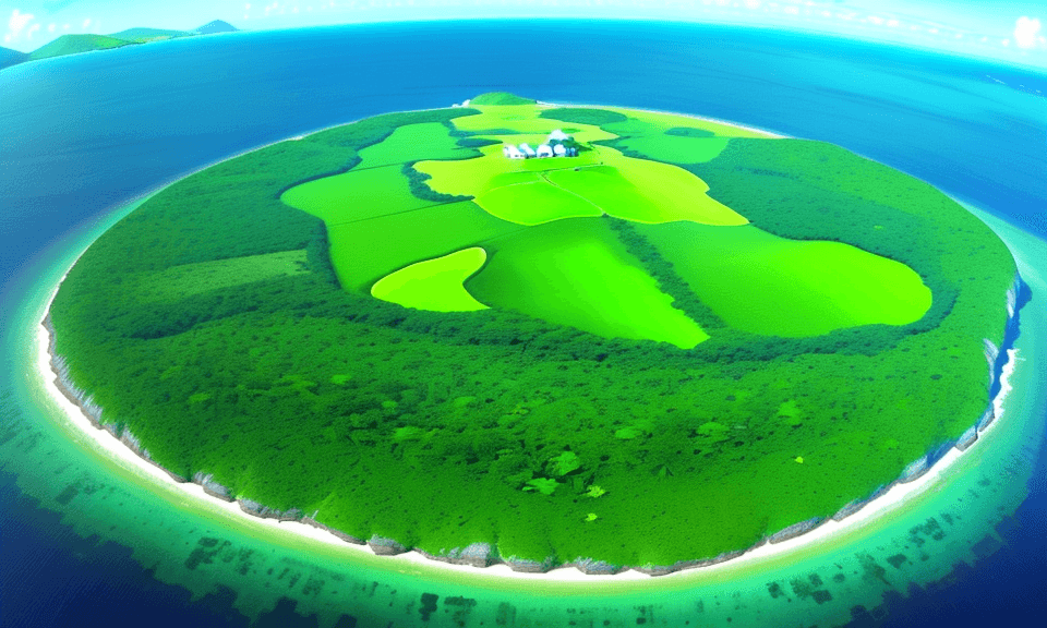 AI generated: bird's eye view of a simple island, green with vegetation, land only. you can see the mainland in th...