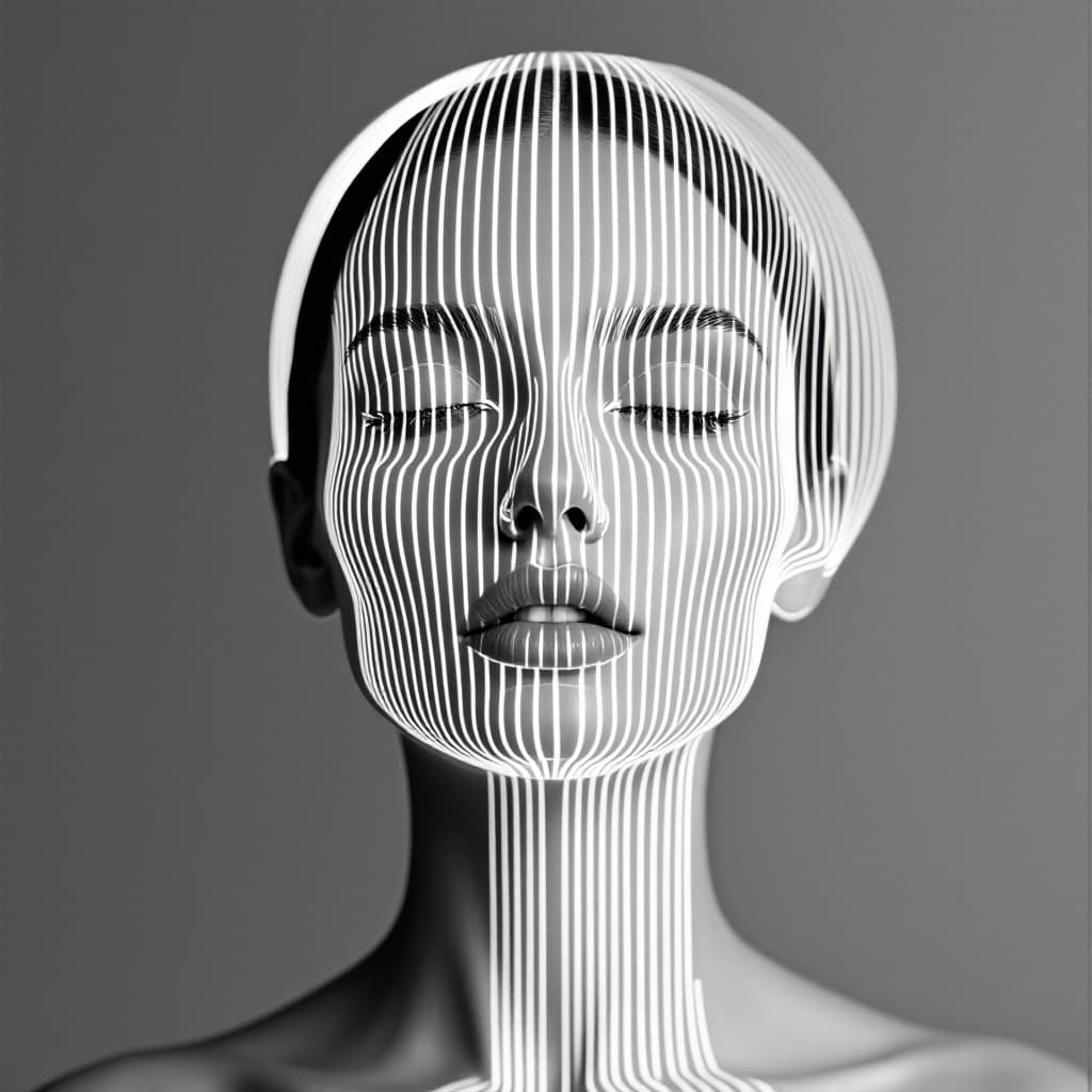 AI generated: black and white photography of the woman model face with lines. The head is made out of stripes of l...