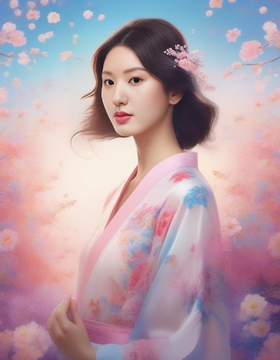 AI generated: beauty spring floral illustration on sunrise background with a girl and flowers in her hair, dotted,...