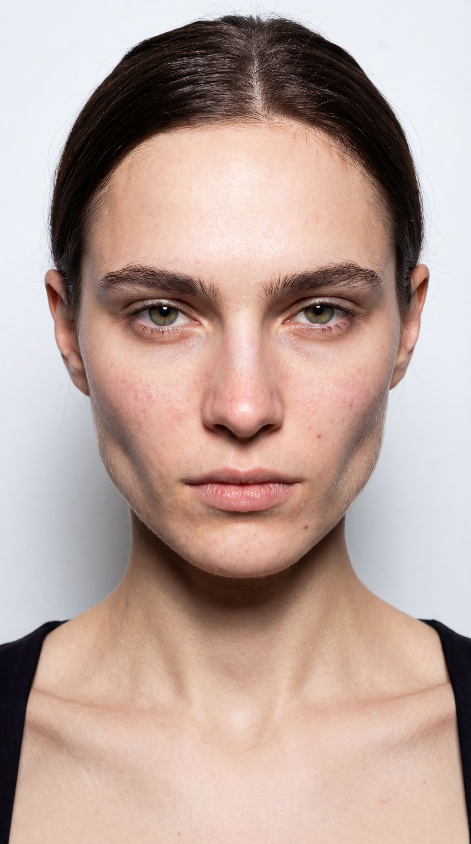 AI generated: {
  "prompt": "Hyper-realistic editorial high-fashion portrait of a young adult woman (mid-20s), elo...